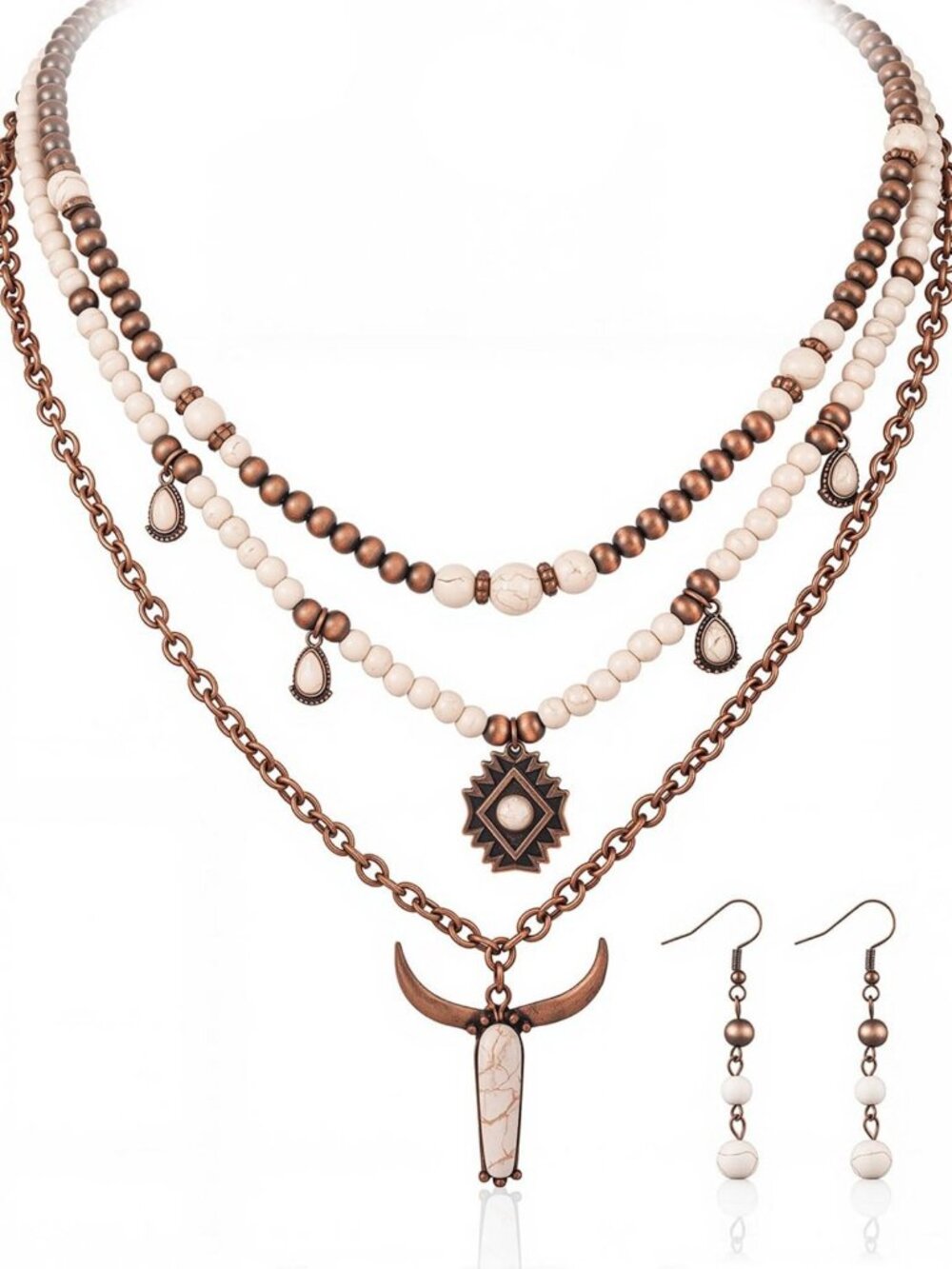 Turquoise Necklace & Dangle Earring Jewelry Set for Women - Boho Chic Accessory